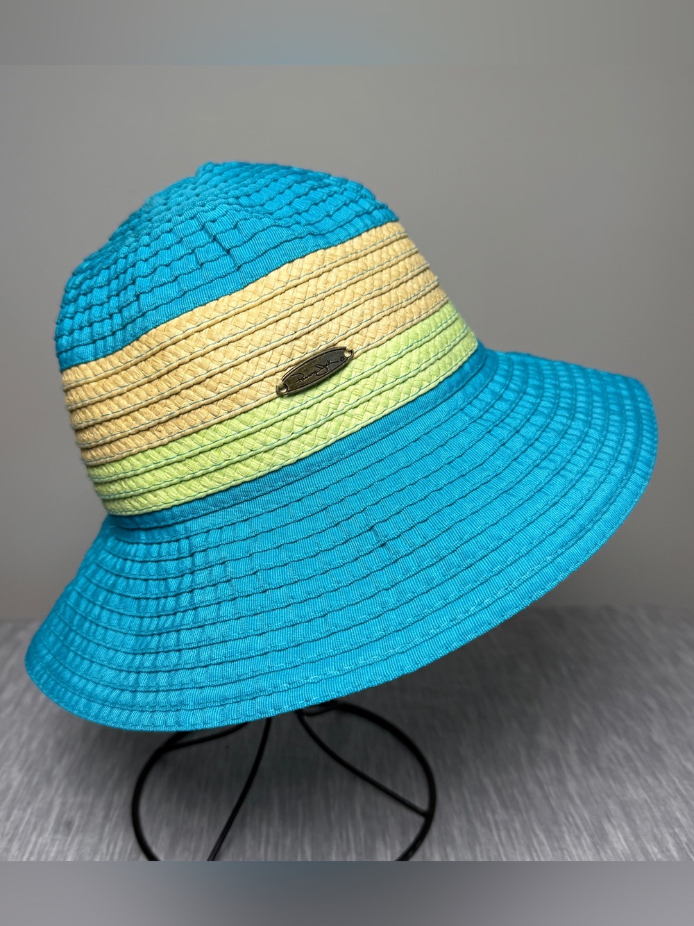 Panama Jack Turquoise Blue Green Striped Sun Hat Beach Vacation Summer One Size